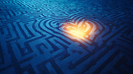 Heart-shaped maze center glowing, complex labyrinth pattern.