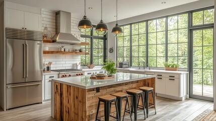 Fototapeta premium Modern Farmhouse Kitchen with Large Windows and Rustic Island
