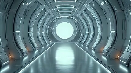 Large white and silver futuristic corridor with glowing lights along the walls, featuring a sleek round shape and modern architectural design. A perfect setting for sci-fi and innovative technological