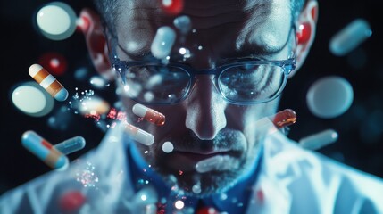 Doctor facing forward with a double exposure of pharmaceutical pills, capsules, and medical formulas