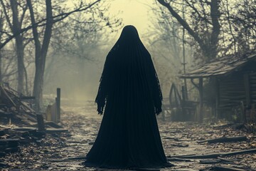 Hooded figure in misty woods, derelict buildings, mystery