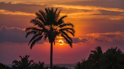 Naklejka premium Palm Silhouette at Dusk: Livistona chinensis Framed by a Vibrant Sunset