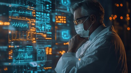 Doctor shown in blended views (front, side) with a double exposure of medical data charts and diagnostic tools.