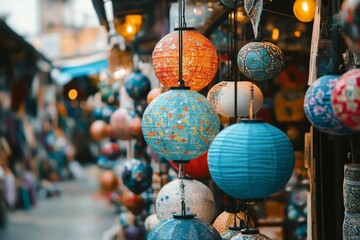 Obraz premium Colorful paper lanterns hang, market background blurred.