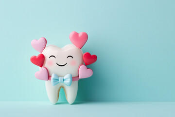 A smiling tooth wearing a bow tie and holding a bouquet of hearts, postcard design, valentine concept, dentist
