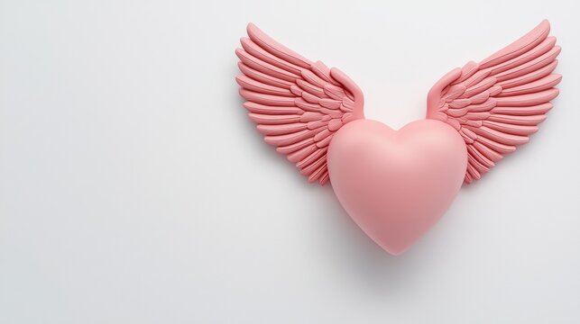 Whimsical pink heart with wings white background front view art