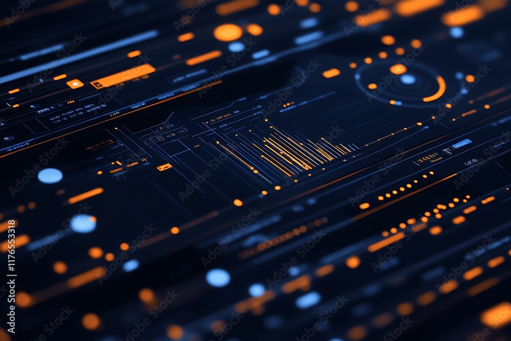 Poster futuristic digital interface design with vibrant orange and blue elements : generative ai