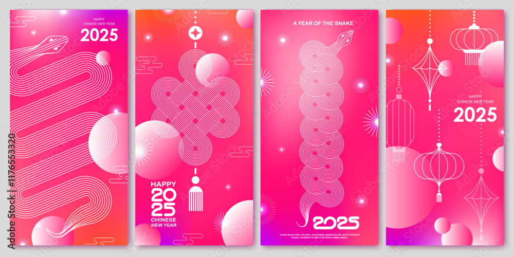 Wall mural Chinese New Year  vector design cards. 2025 year of the Snake. Lunar new year concept. Geometric modern vector with abstract forms, gradients, snakes. Design for calendar, cover, flyer.