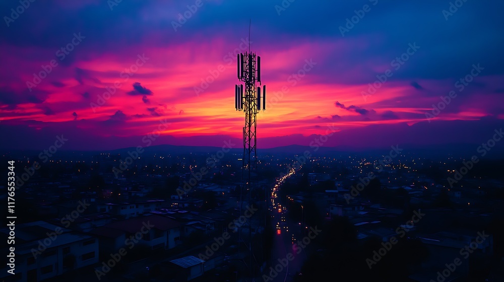Poster radiant city sunset view with towering communication structures in the foreground : generative ai