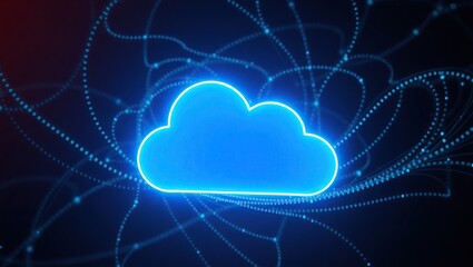 Glowing Blue Cloud Icon in Network Data Stream
