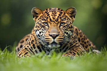 Obraz premium Jaguar resting in green grass, jungle background, wildlife photography, nature