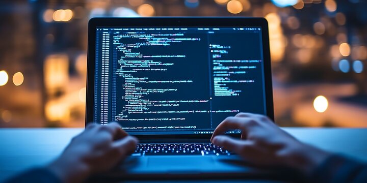 Software Developer Working on Code at Night A captivating image of a programmer diligently working on a laptop,showcasing lines of code filling the screen