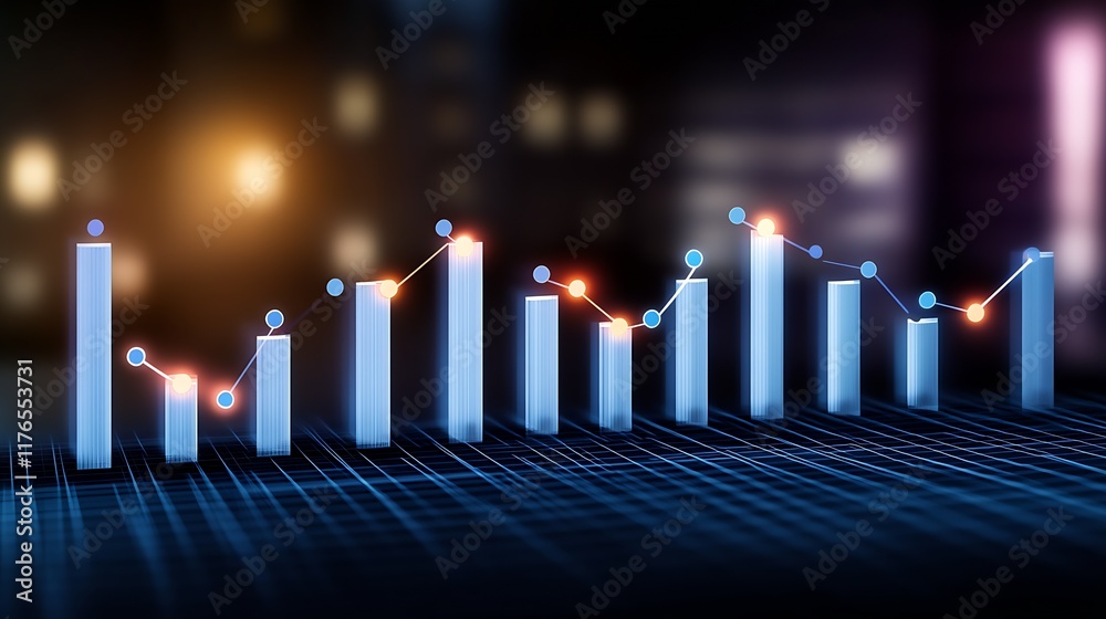 Aufkleber Dynamic Blue Graphs on Digital Grid with Glowing Points for Data Analysis Visualization : Generative AI