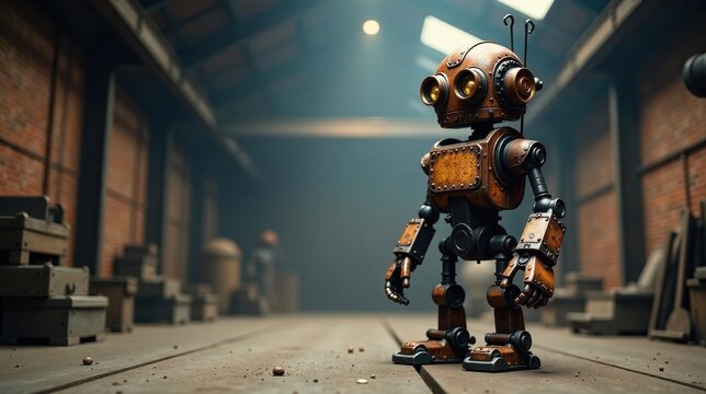 A rusty steampunk robot stands in an old industrial workshop, amidst aged crates and machinery, reflecting the passage of time and technological evolution.