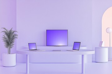 Stylish Minimalist Office with Purple Theme and Modern Laptop Technology Setup : Generative AI