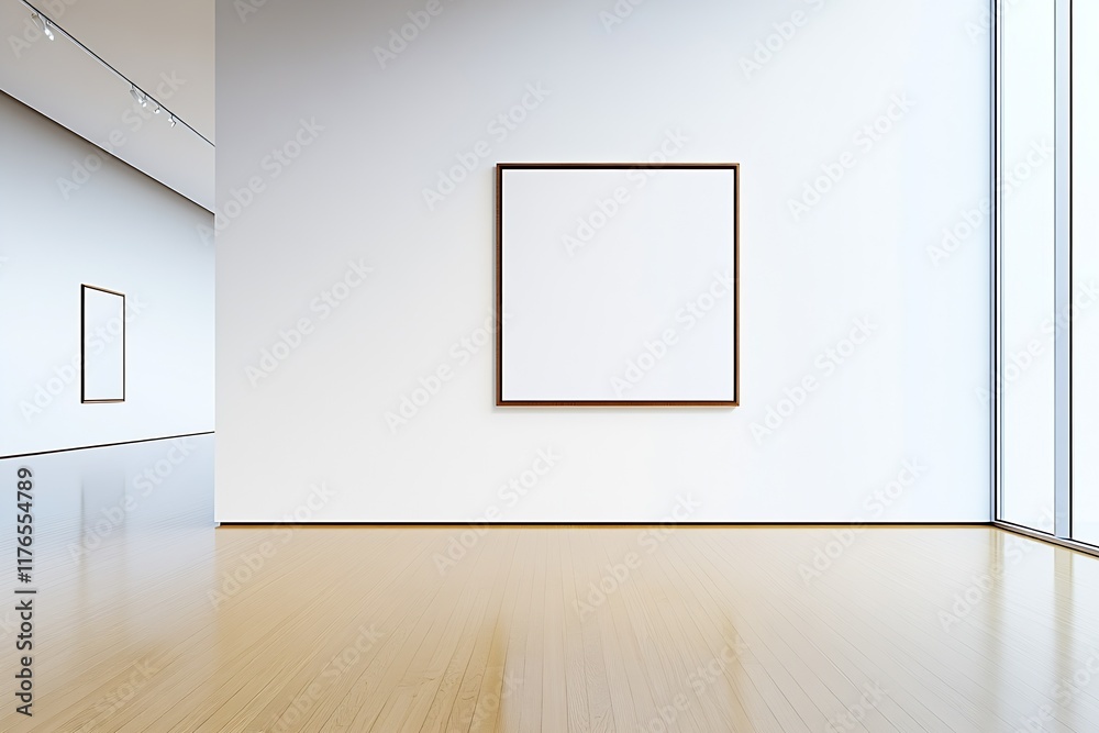 Poster bright gallery-like room with large framed canvas and elegant wooden flooring : generative ai