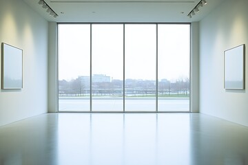 Obraz premium Modern Art Gallery Interior with Large Windows Overlooking Scenic Urban Landscape : Generative AI