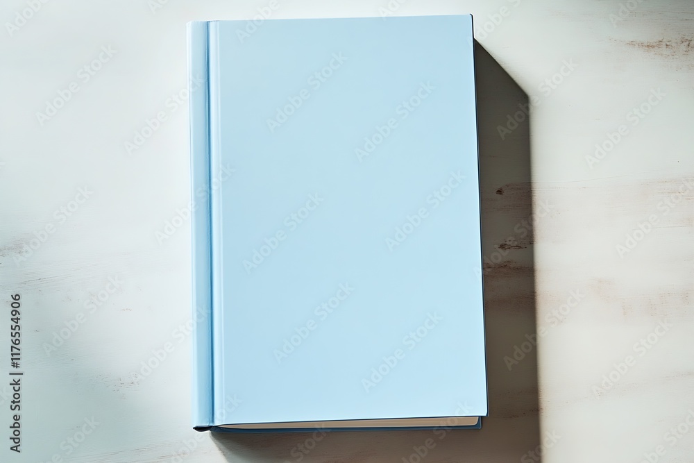 Poster light blue hardcover book on soft beige surface with artistic shadow play : generative ai