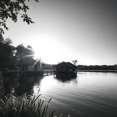 Fototapeta premium morning on the lake, eco-friendly bungalow on a tranquil lake, lush greenery, morning sun, golden glow, deep shadows, dramatic