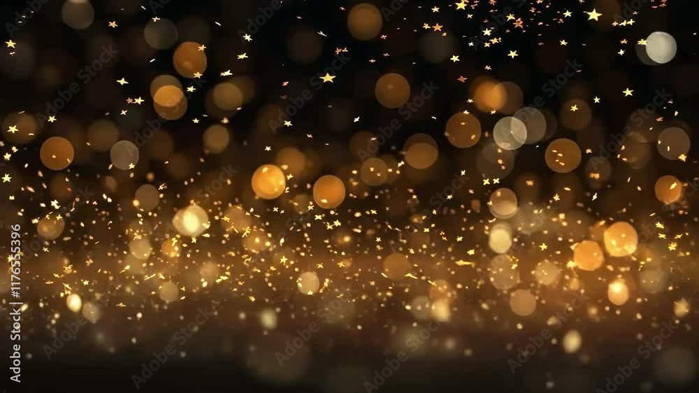 Poster Golden Sparkle: A mesmerizing backdrop of shimmering golden bokeh lights on a dark background. Perfect for adding a touch of luxury, glamour, and celebration to your design projects. 