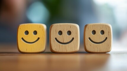 Three wooden blocks display happy faces.