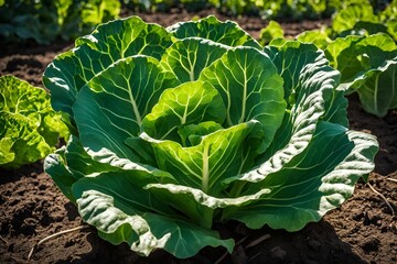 Naklejka premium A fresh, vibrant green cabbage growing in fertile soil under natural sunlight.