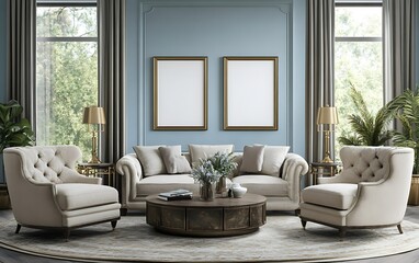 Classic blue living room interior with empty frames, sofa, armchairs, table.