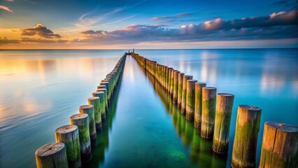 Fototapeta premium Zeeland Netherlands High Tide Breakwater Long Exposure Wooden Posts Calm Sea