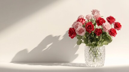 Fototapeta premium Elegant Bouquet of Red and Pink Roses in Crystal Vase on Beige Background - Perfect for Floral, Home Decor, and Romantic Themes