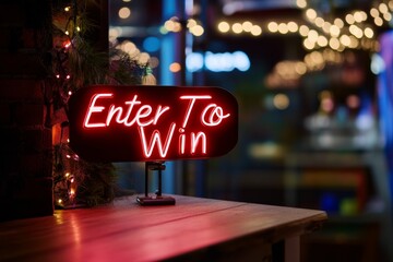 Neon "Enter to Win" Sign Glowing at Night in Festive Urban Setting
