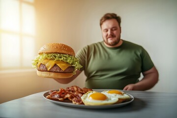 A man enjoys a delicious meal featuring eggs and bacon, embracing a Ketogenic diet approach aimed at weight loss while savoring a tasty burger.