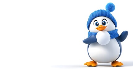 Obraz premium Cute Penguin Character Wearing Blue Hat and Scarf with Snowball