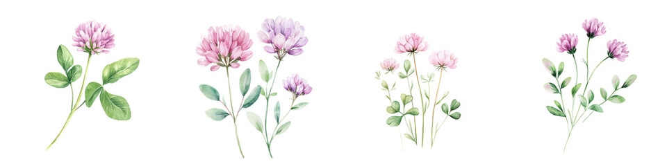 Naklejka premium A collection of delicate pink flowers with green leaves, showcasing various arrangements and sizes.