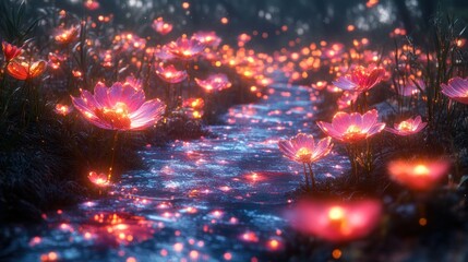 Obraz premium Glowing flowers bloom beside magical stream.
