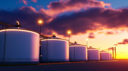 Industrial storage tanks at sunset, showcasing energy infrastructure and operations.