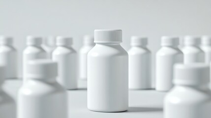 a group of white bottles with white caps