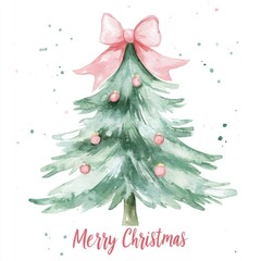 Watercolor Christmas Tree with Pink Bow
