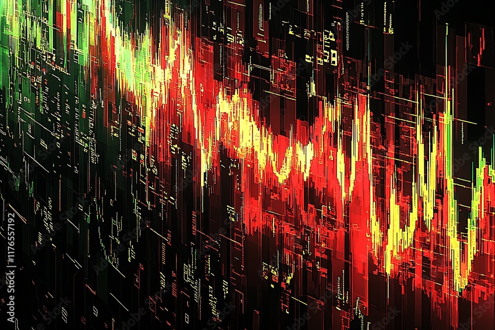 Aufkleber Dynamic Abstract Financial Data Chart in Red and Green Hues on Dark Background : Generative AI
