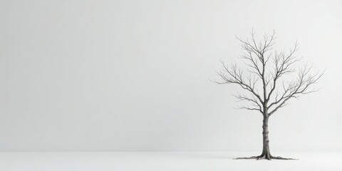 Obraz premium A solitary, leafless tree stands against a minimalist white backdrop, symbolizing resilience and the beauty of winter's stark elegance.