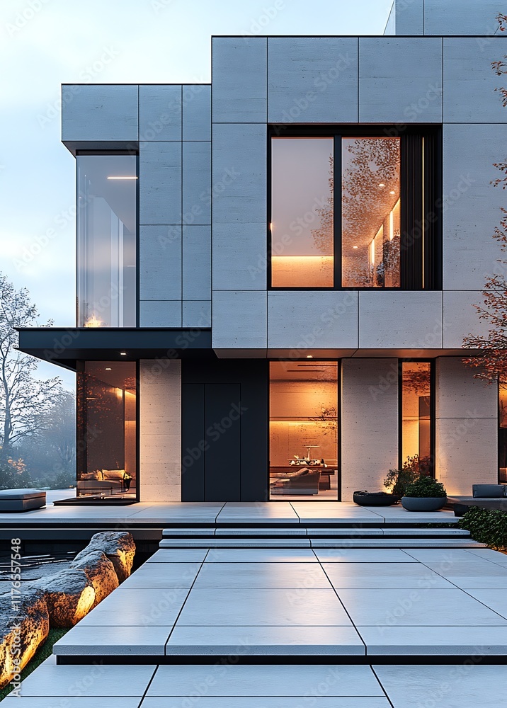 Aufkleber modern residential architecture with large glass windows and nature views : generative ai