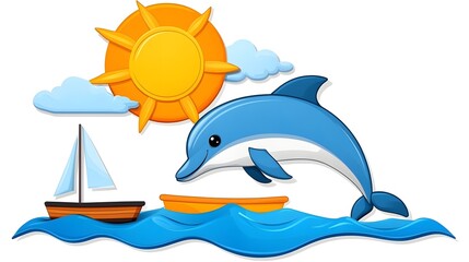 Playful Dolphin Leaping Above Waves Under Bright Sun Illustration