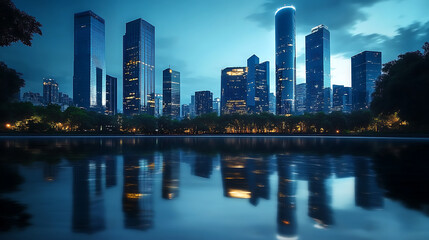 Naklejka premium Modern Skyscrapers Reflecting in Urban Night. created with Generative AI technology