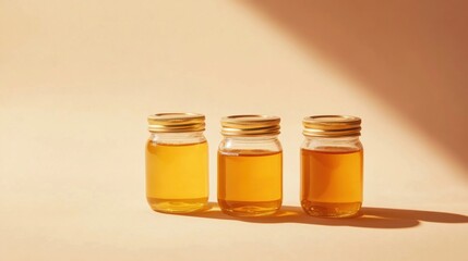 three jars of honey sit on a table