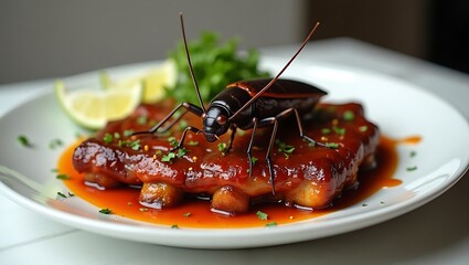 A close-up image of a cockroach insect perched on delicious beef rib cage arranged on a white plate, drawing attention to contamination risks, food safety issues, and unhygienic practices