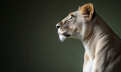 Lioness profile, dark background, wildlife portrait, zoo