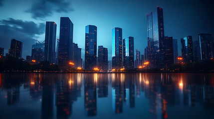 Fototapeta premium Modern Skyscrapers Reflecting in Urban Night. created with Generative AI technology