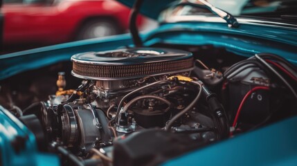 Obraz premium Close-up of a classic car engine, showcasing its intricate details and polished components.