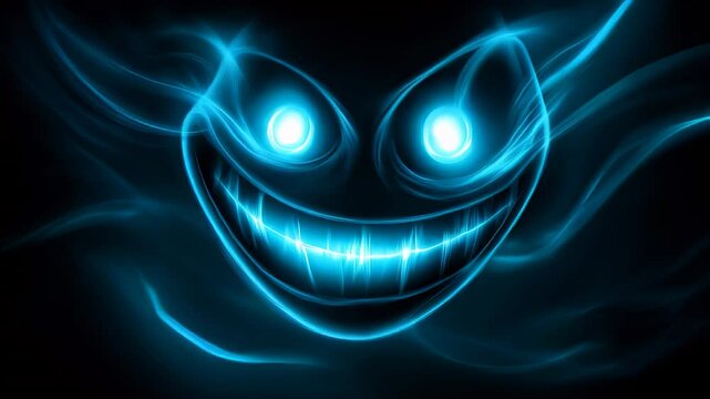 Mysterious glowing smiley face illuminates darkness with electric blue eyes and waves of energy
