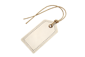 Blank Beige Tag with Stitched Border and Twisted String for Retail Labeling on Transparent Background