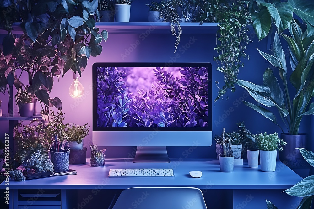 Poster stylish home office space with desk computer and vibrant purple plant display : generative ai